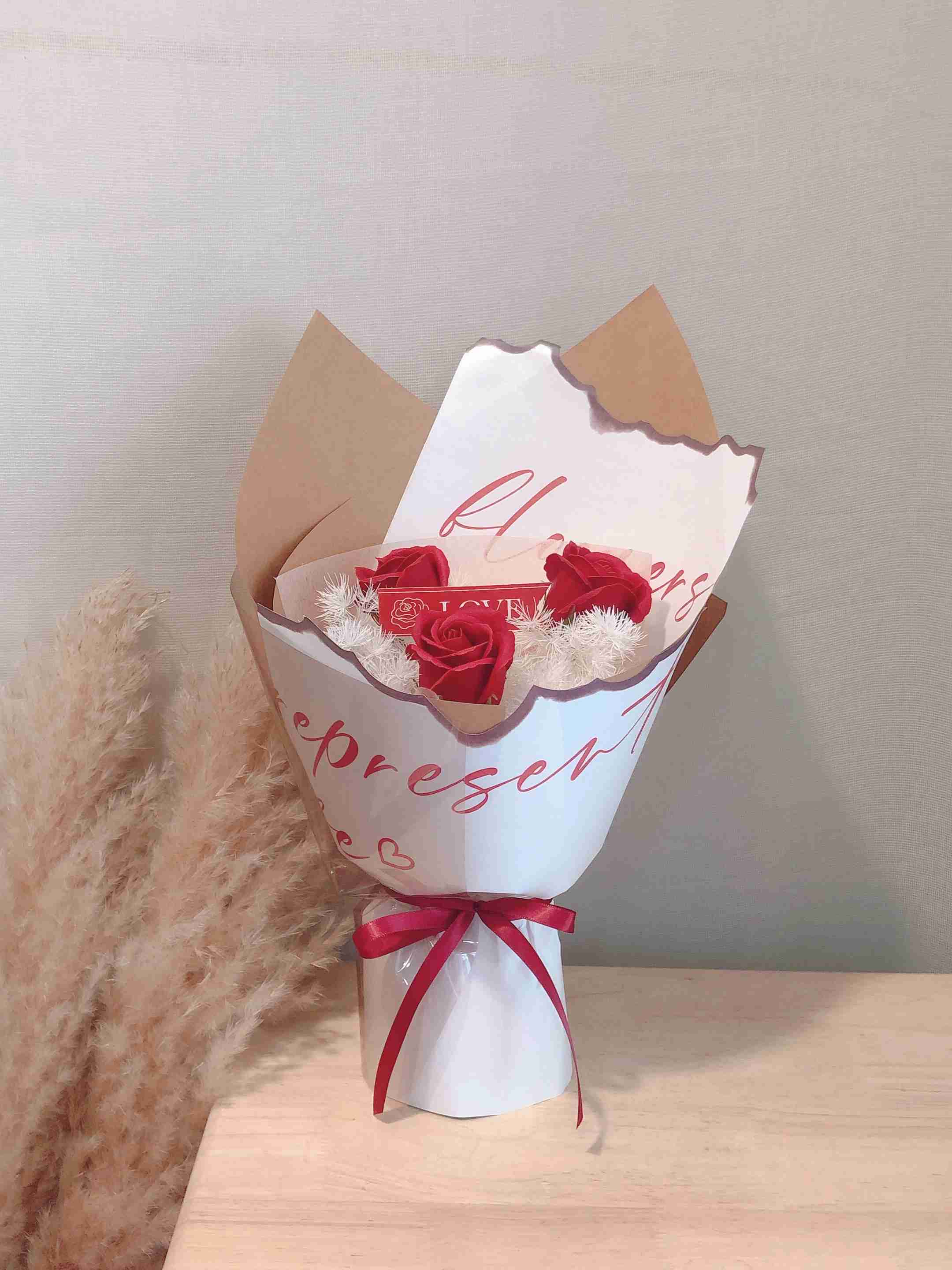 3 Stalks Soap Flower Valentine Bouquet (Red)