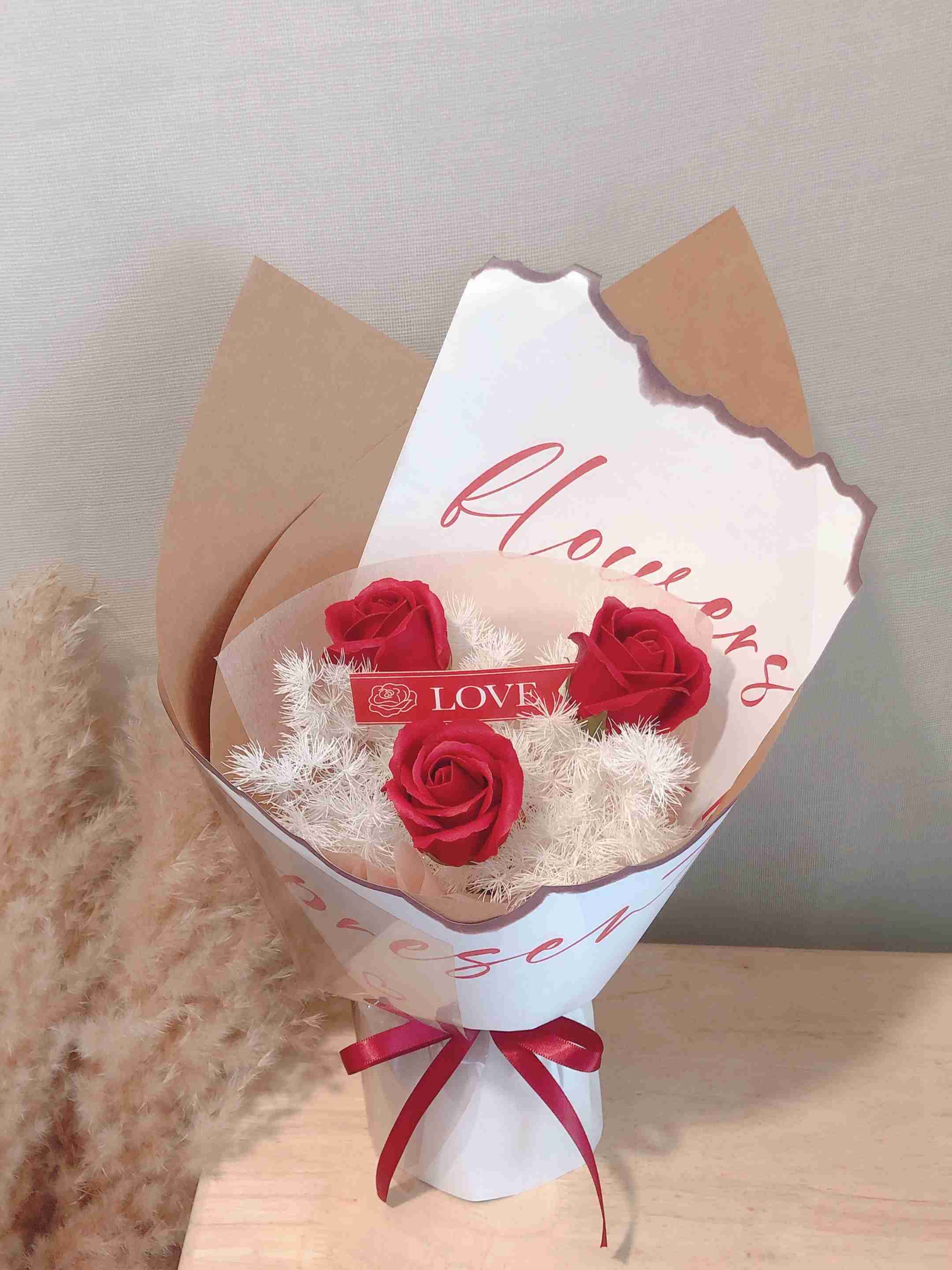 3 Stalks Soap Flower Valentine Bouquet (Red)