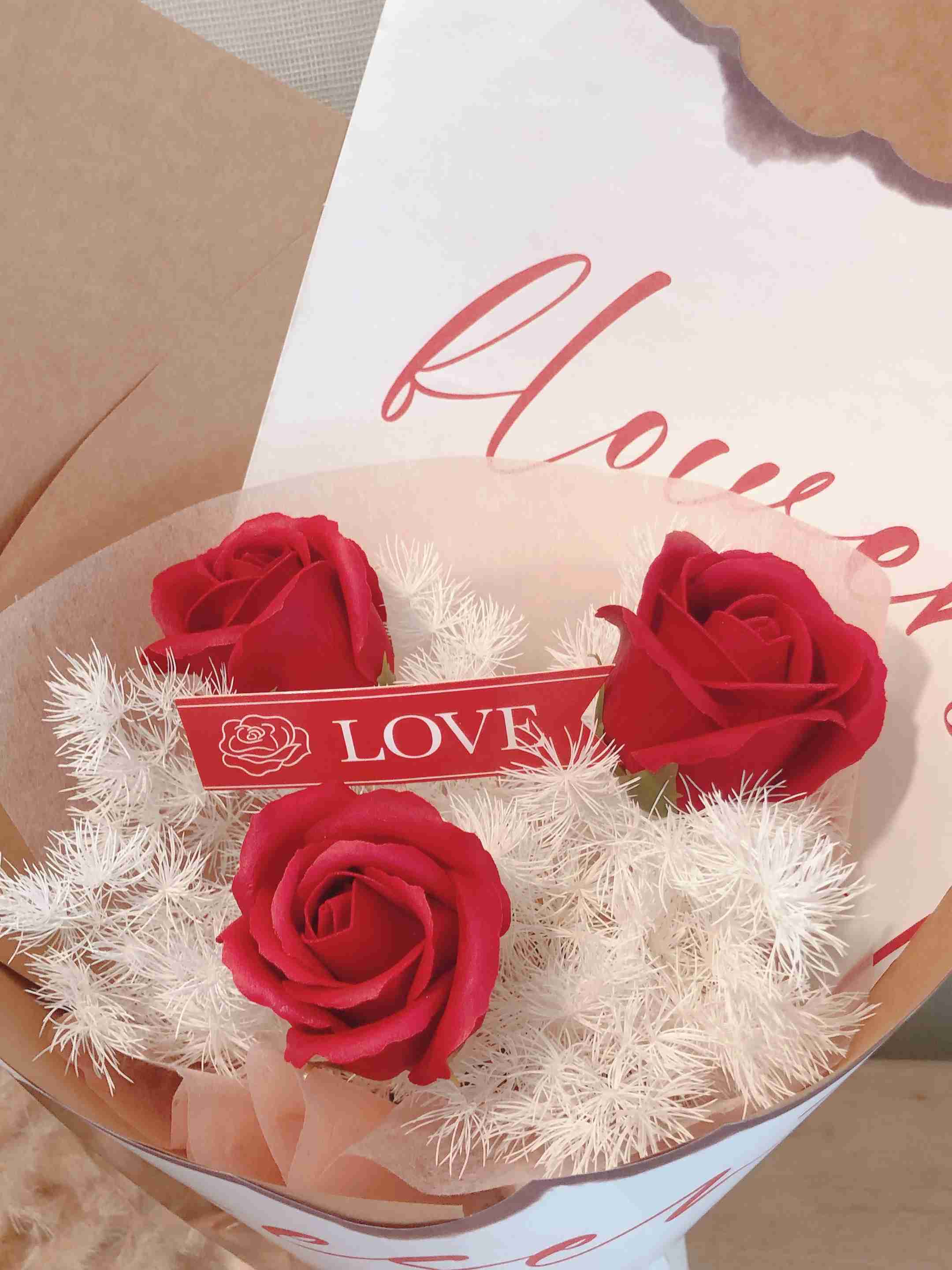 3 Stalks Soap Flower Valentine Bouquet (Red)